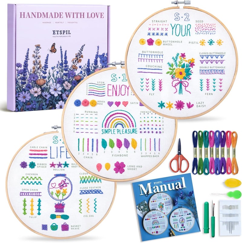 ETSPIL 3 Pack Embroidery Kit for Beginners and Adults,Learn 33 Stitches with DIY Stamped Flower Patterns – Includes Hoop, Color Threads, Tools, and Step-by-Step Instructions with Video Tutorials - Image 1